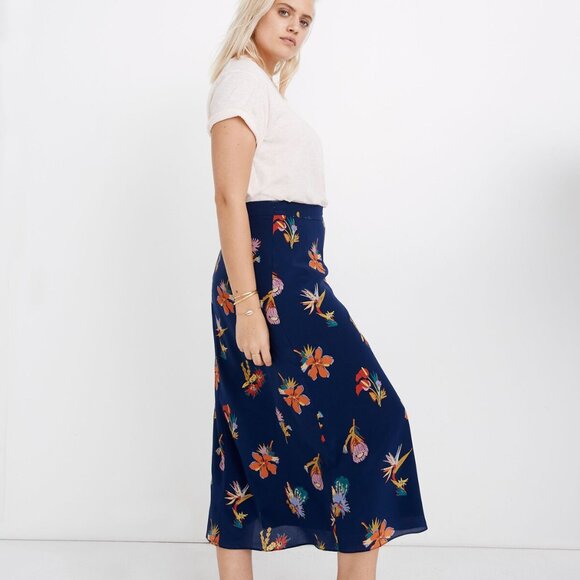Madewell Silk Atrium Midi Skirt Bird of Paradise Floral Blue Size 10 - Picture 4 of 14